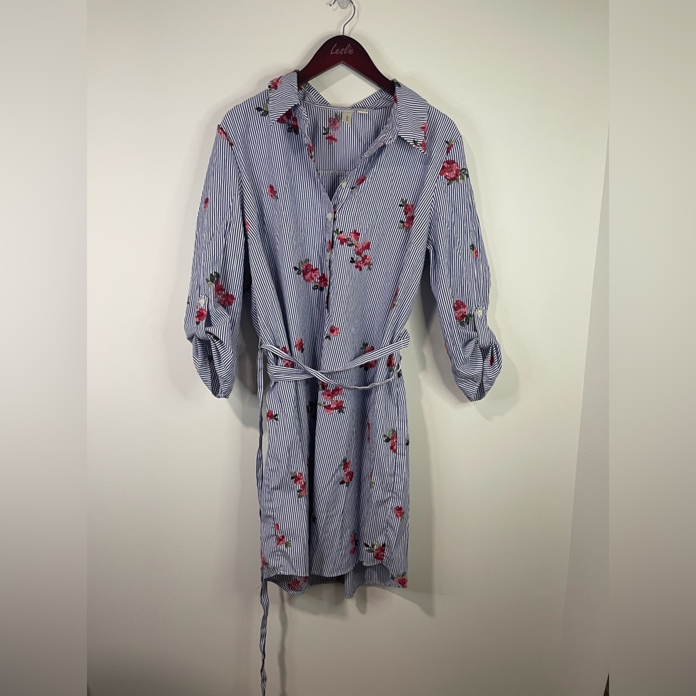 Tacera Striped Blue Dress with Pink Floral embroidered accents.